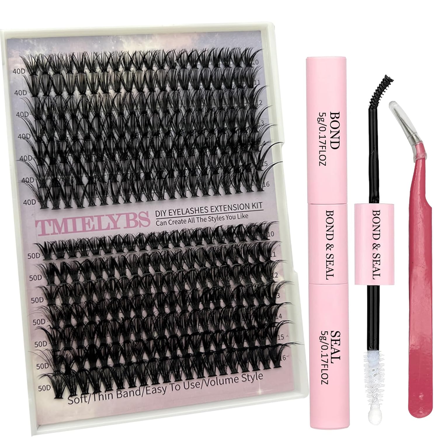 TIMELABS – Kit de extensiones de pestañas individuales, 280 unidades, mezcla de racimos 40D, 50D, 0.47-0.630 pulgadas, con unión de pestañas, sello