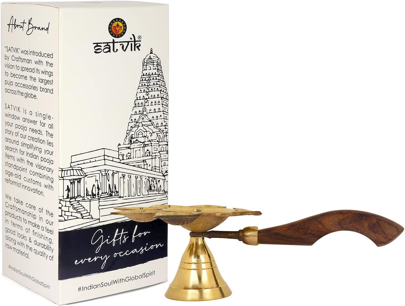 SATVIK Panch de latón Aarti Diya con mango de madera Decoración Soporte de luz de té Latón Jyot Dia Lámpara de aceite de mano Lámpara Puja Kutthu