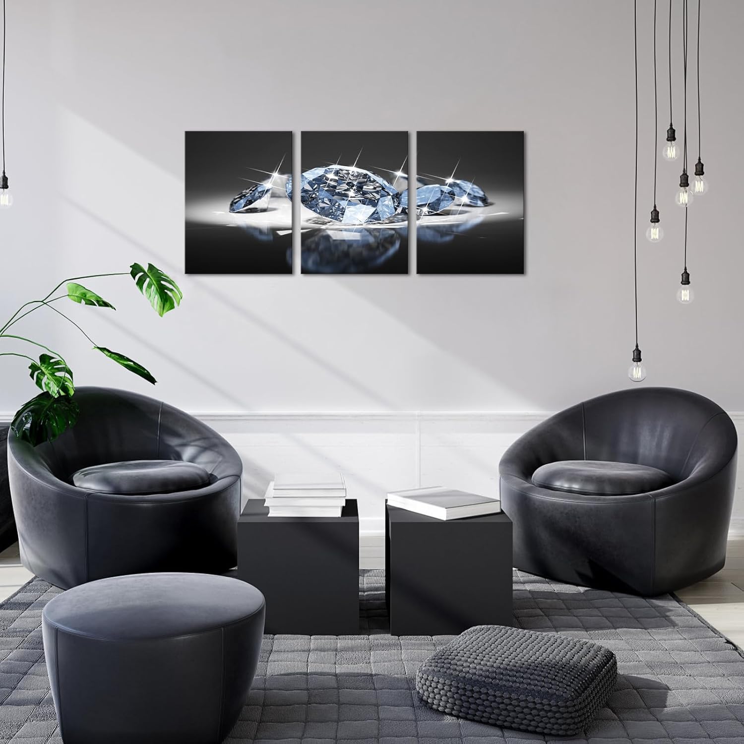 Biuteawal Arte de pared blanco y negro de 3 paneles, diamantes de lujo sobre fondo negro, impresión sobre lienzo, pintura de moda, decoración del
