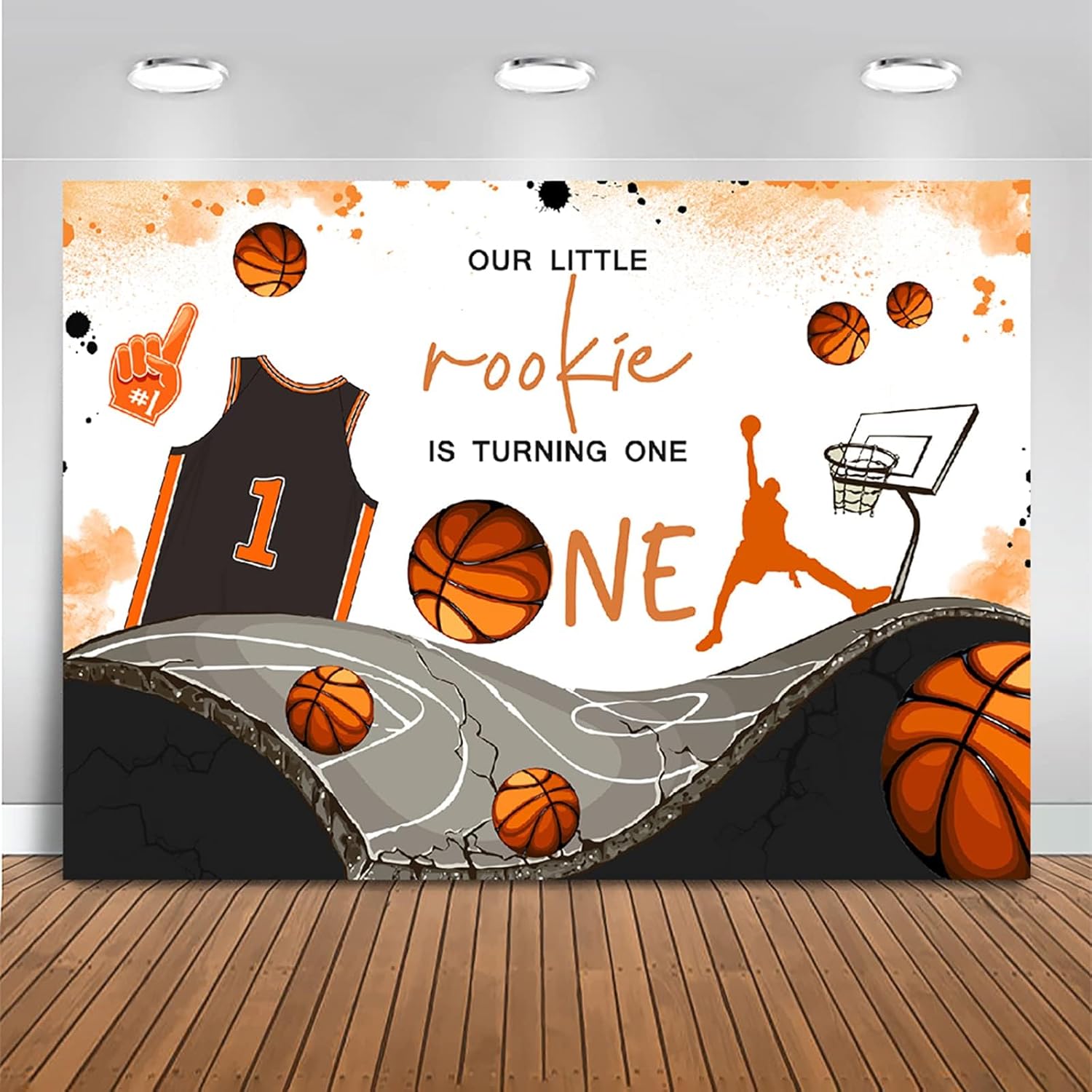 Mocsicka Telón de fondo con tema de baloncesto para el primer cumpleaños para niño, Our Little Rookie is Turning One, decoraciones de fiesta,