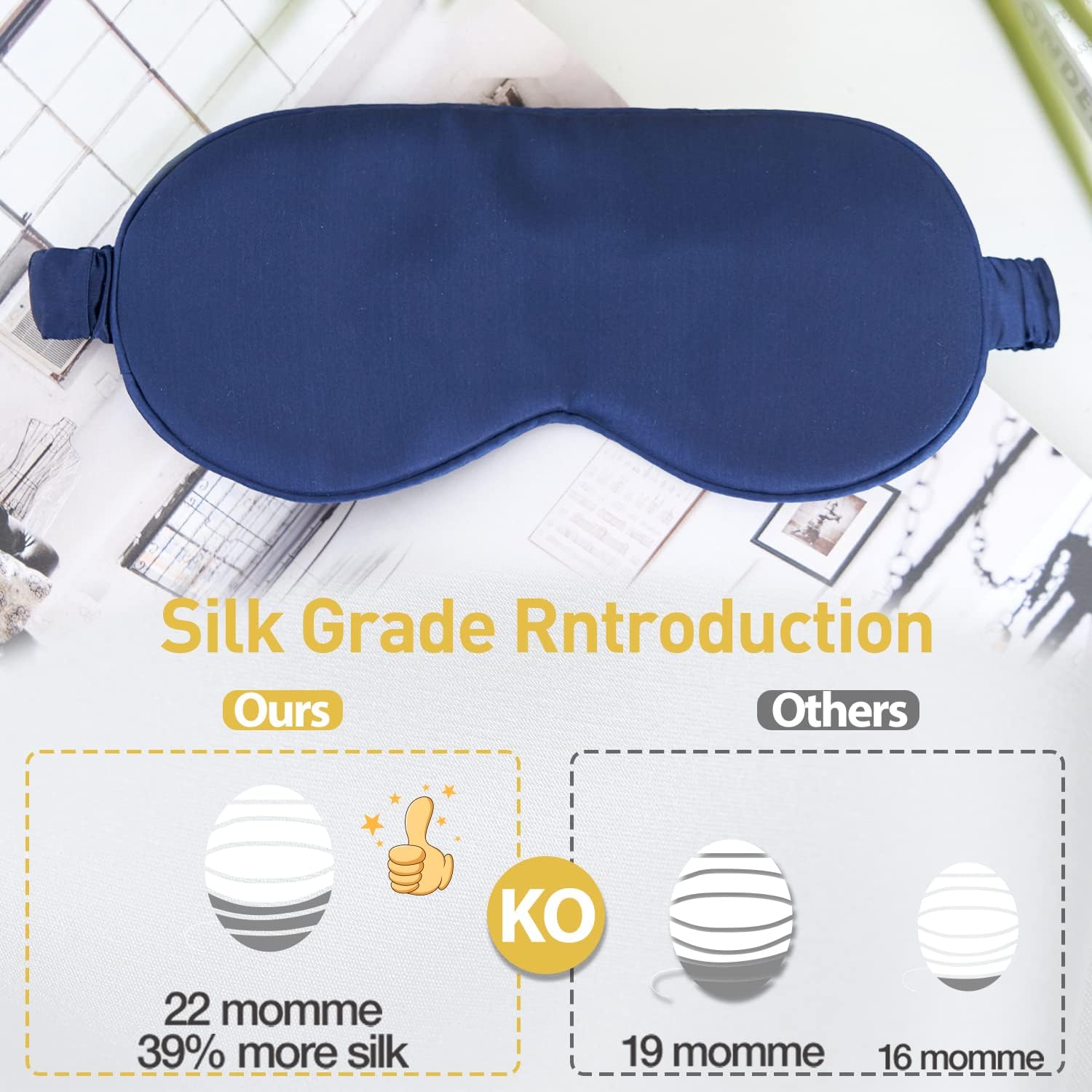 Máscara para dormir de seda de morera de alta calidad de 22M (azul) – Correa elástica  Relleno de seda pura y forro interno  Presión ocular cero