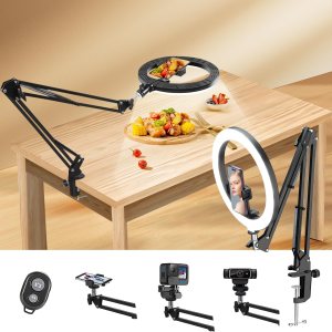 yAyusi Soporte de teléfono superior con anillo de luz, anillo de luz LED de 10 pulgadas para escritorio, brazo articulado flexible para cámara con yAyusi Soporte de teléfono superior con anillo de luz, anillo de luz LED de 10 pulgadas para escritorio, brazo articulado flexible para cámara con