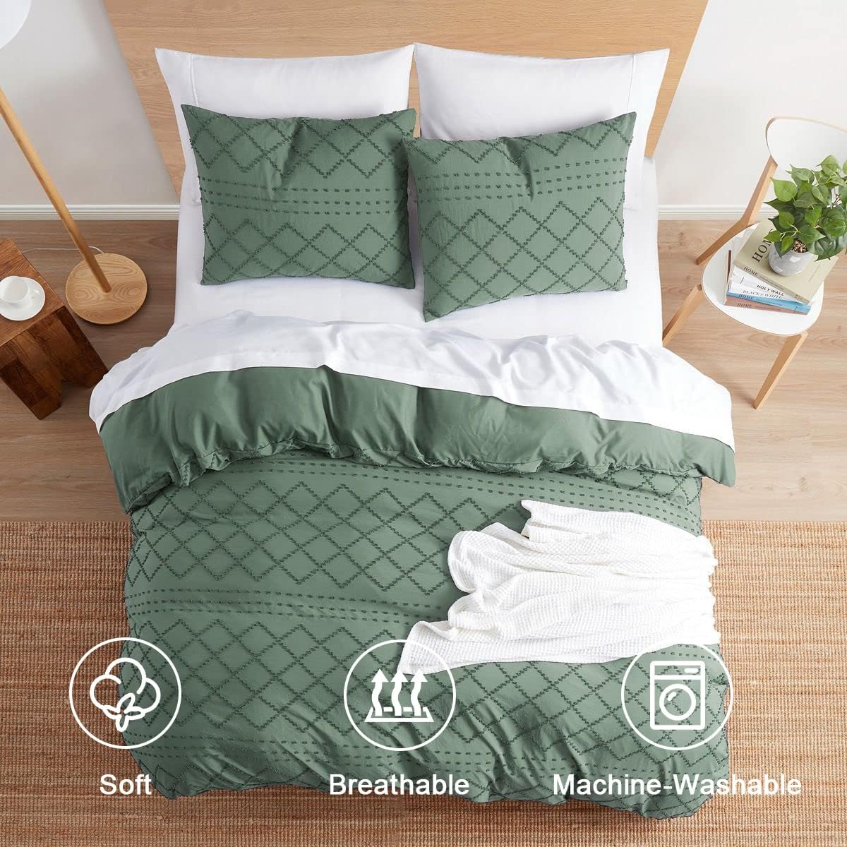 Nestl Juego de funda de edredón bohemio tamaño King, funda de edredón bohemia tamaño King, funda de edredón verde copetuda de 3 piezas con cierre de