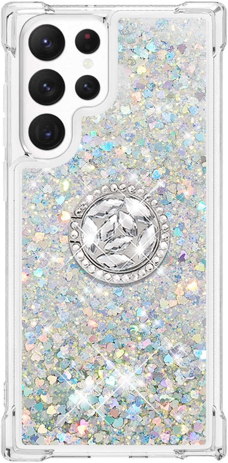 Tncavo Funda para Samsung Galaxy S23 Ultra para mujer, fundas con purpurina holográfica líquida en movimiento con anillo de diamante, TPU suave y