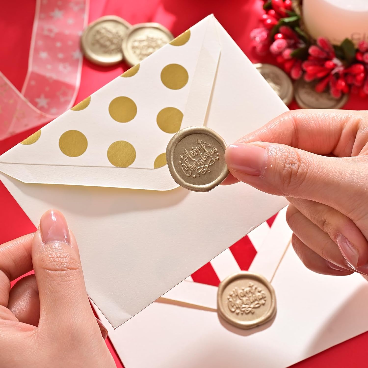UNIQOOO Calcomanías de sello de cera de Navidad, calcomanías de sello de invitación de boda, 50 calcomanías autoadhesivas Prosecco Metallic Lignt