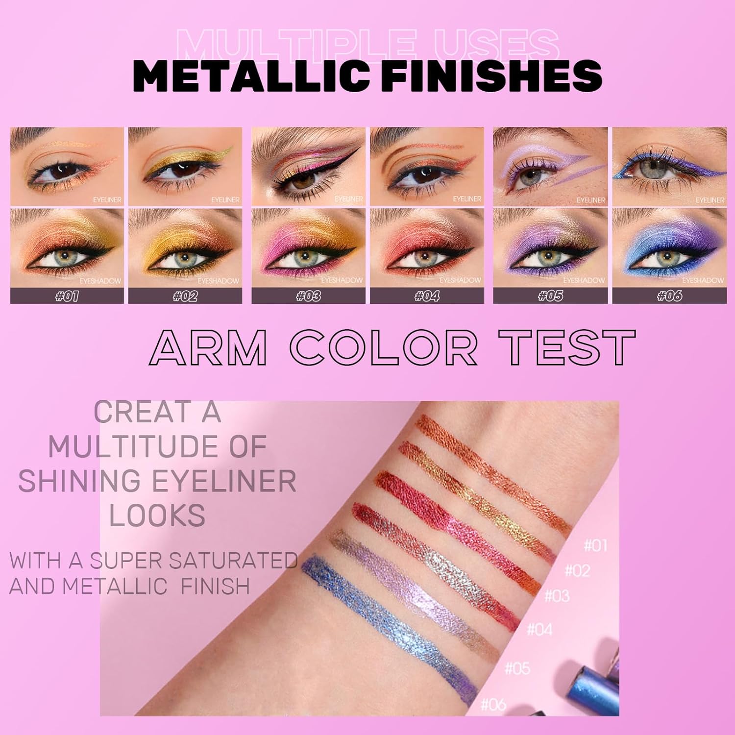 Juego de delineador líquido de 6 colores, 6 colores con acabado metálico, 6 sombras de ojos con acabado metálico, secado rápido, impermeable, alta