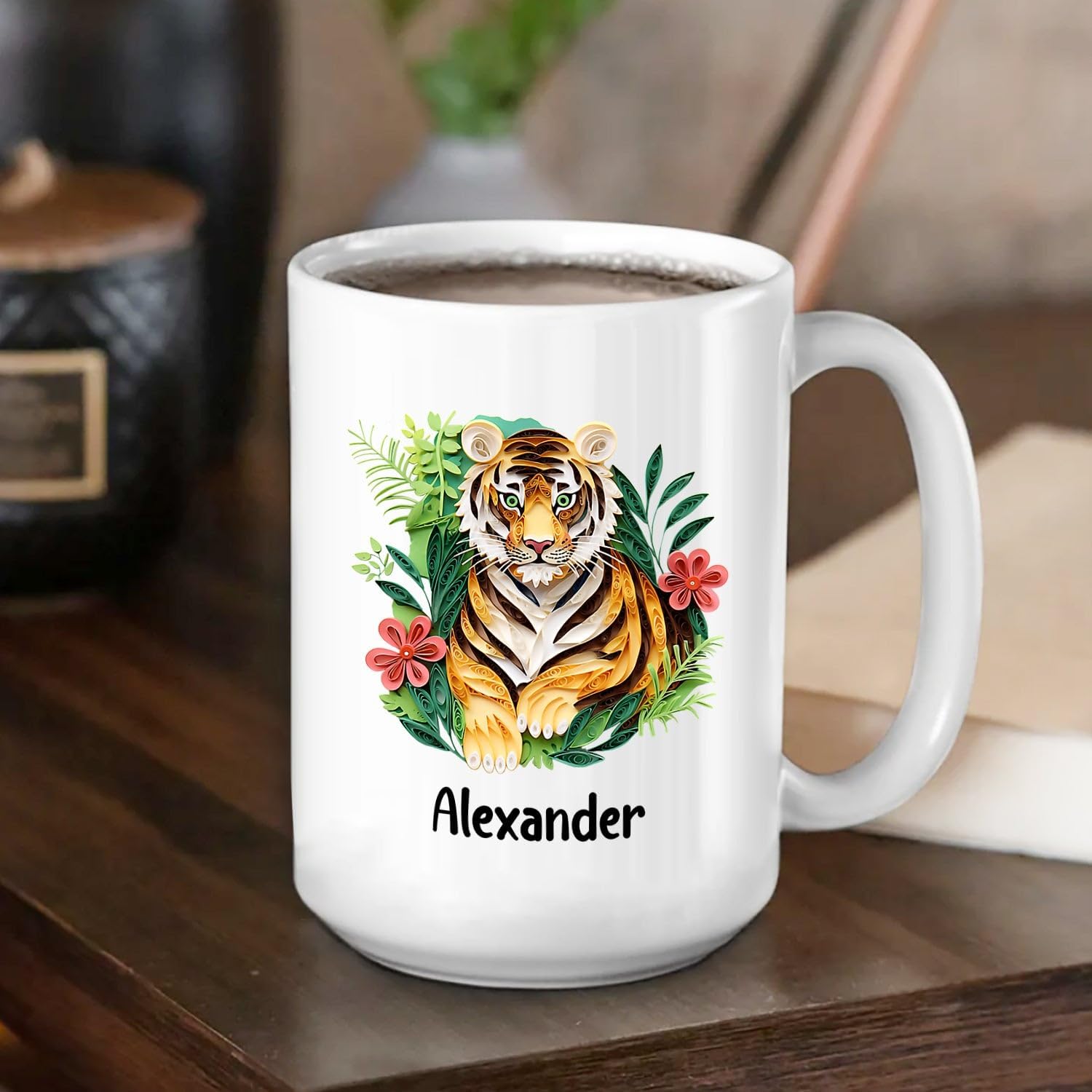 Taza de café personalizada con nombre de tigre, regalo para cumpleaños y Navidad, taza de café personalizada de tigre de animales de origami de 11