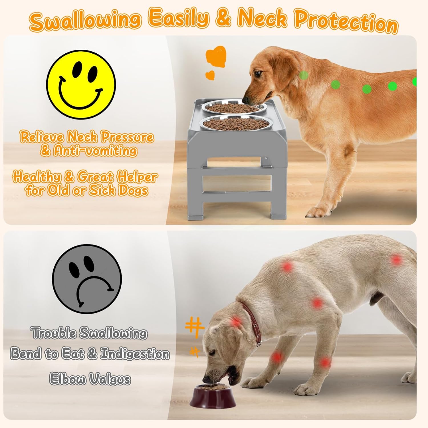 Tazones elevados para perros con altura ajustable con 2 cuencos de acero inoxidable para alimentos para perros, comedero plegable antideslizante