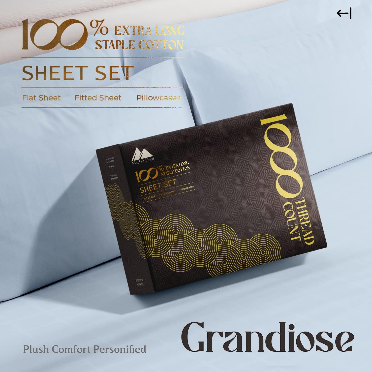 Mayfair Linen Sábanas 100% de algodón egipcio, tamaño California King, 1000 hilos, 4 piezas, color azul claro, para cama de tamaño California King,