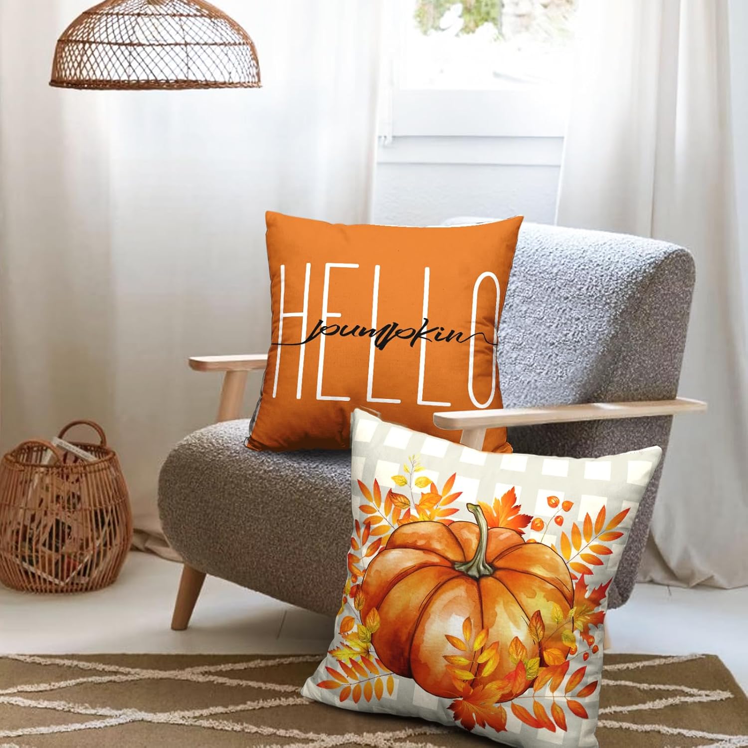 Juego de 2 fundas de almohada decorativas de otoño de 20 x 20 pulgadas, con hojas de arce, calabaza, casa de campo, fundas de almohada de lino