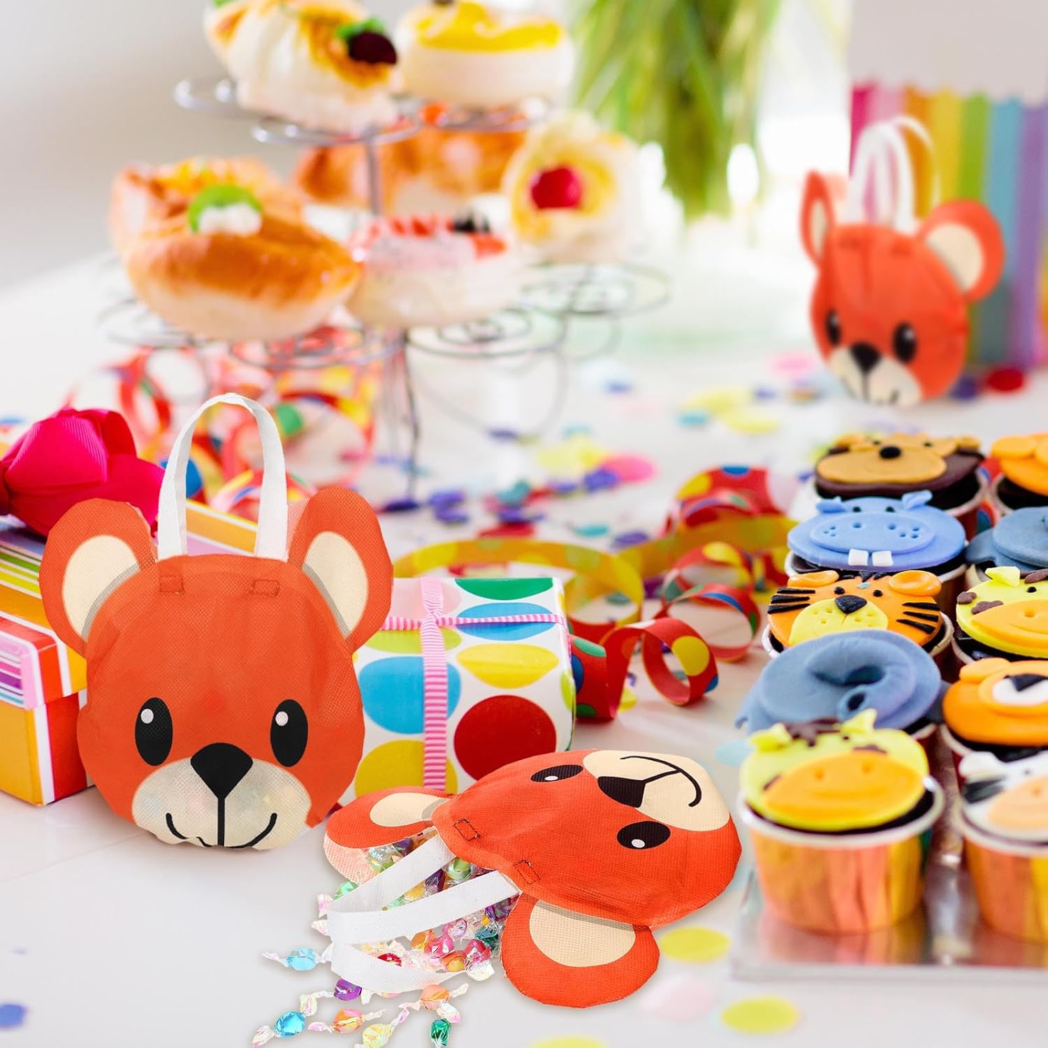 24 bolsas de regalo de fiesta de baby shower de oso no tejidas para baby shower, bolsas de regalo de cumpleaños con asas, bolsas de papel marrón