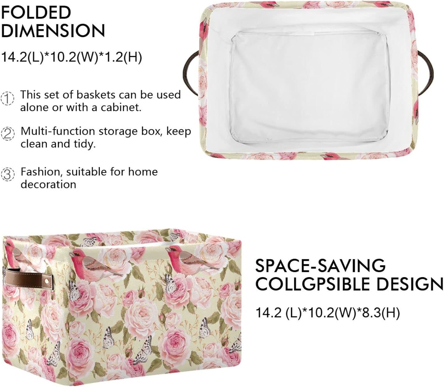 Cesta de almacenamiento con diseño floral de rosas, pájaros y melocotón, canastas plegables e impermeables para estantes con asa resistente para
