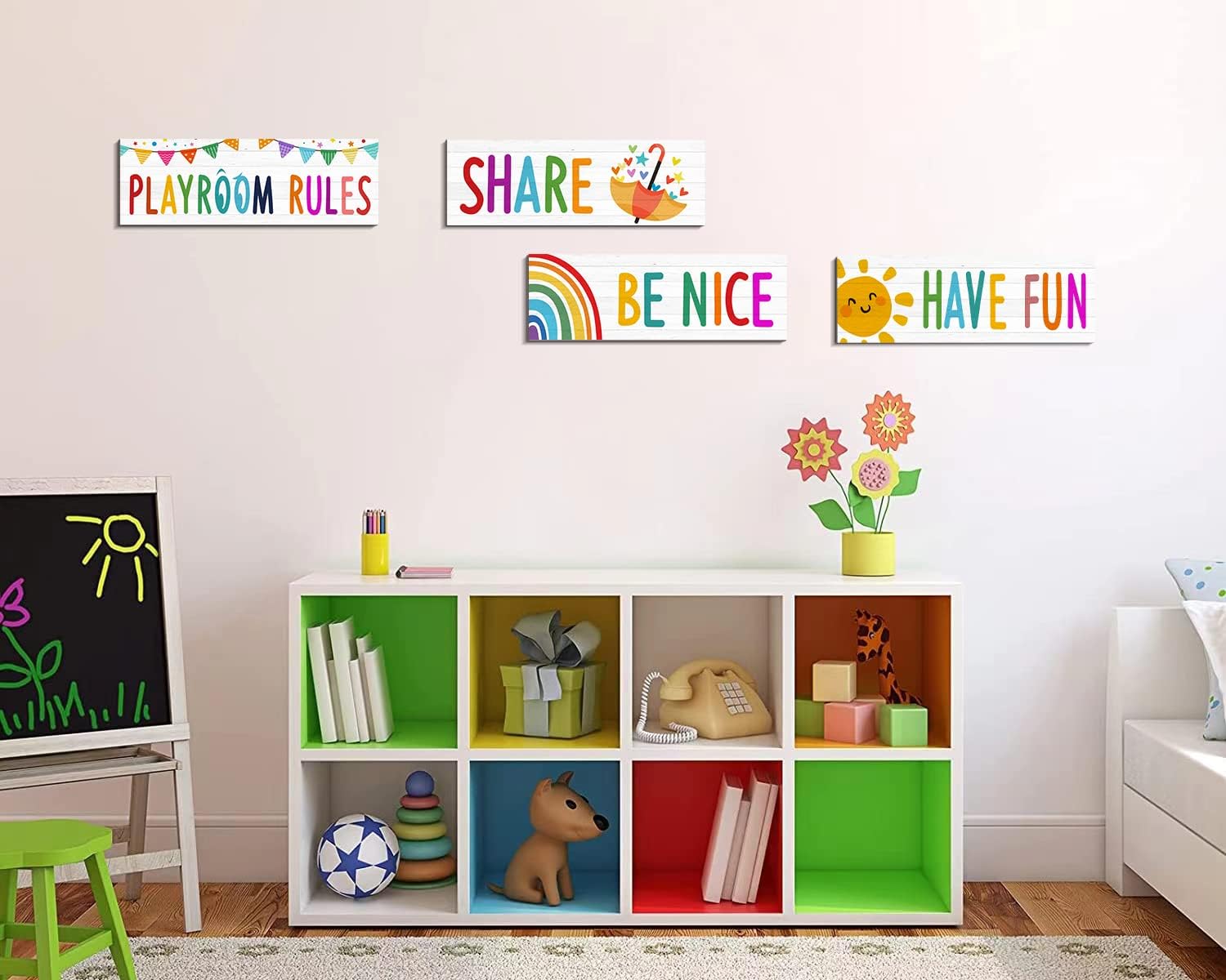 4 letreros para sala de juegos para niños, decoración de pared para sala de juegos, reglas de juegos, citas, letrero con texto en inglés “Be Nice