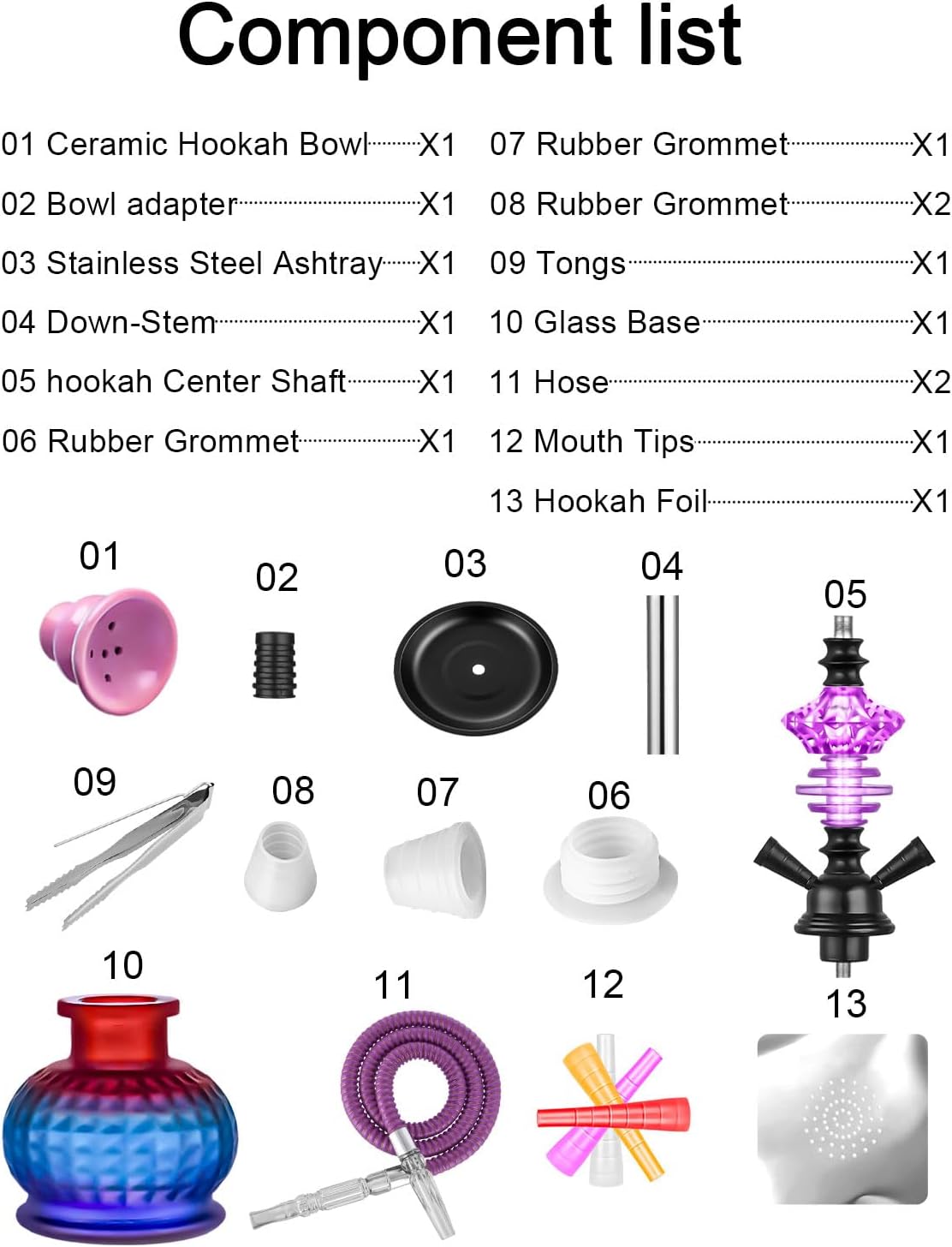 Juego de cachimba de 12 pulgadas con 2 mangueras Shisha Hookah Set con todo – Jarrón de vidrio moderno, 50 láminas de narguile y 50 puntas de