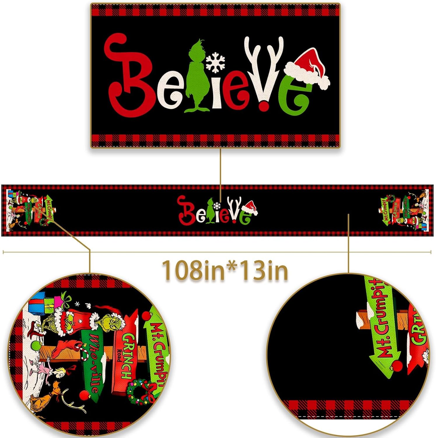 Camino de mesa Grinchmas Feliz Navidad, vacaciones de invierno, fiesta temática, cocina, comedor, decoración del hogar (negro y rojo, 13 x 108
