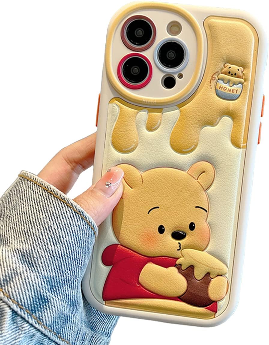 NATEROSO Funda compatible con iPhone 15 Pro Max de dibujos animados, funda de oso Kawaii de silicona 3D, funda de TPU suave a prueba de golpes, para