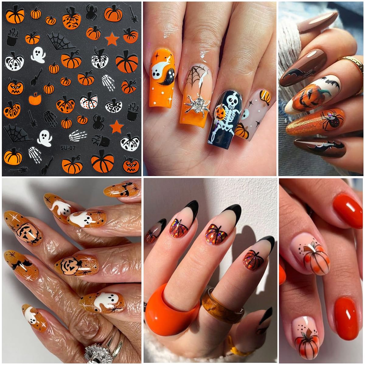 8 hojas de calcomanías de arte de uñas de Halloween, lindas calcomanías de calabaza fantasma, 3D, autoadhesivas, telaraña, murciélago, fantasmas,