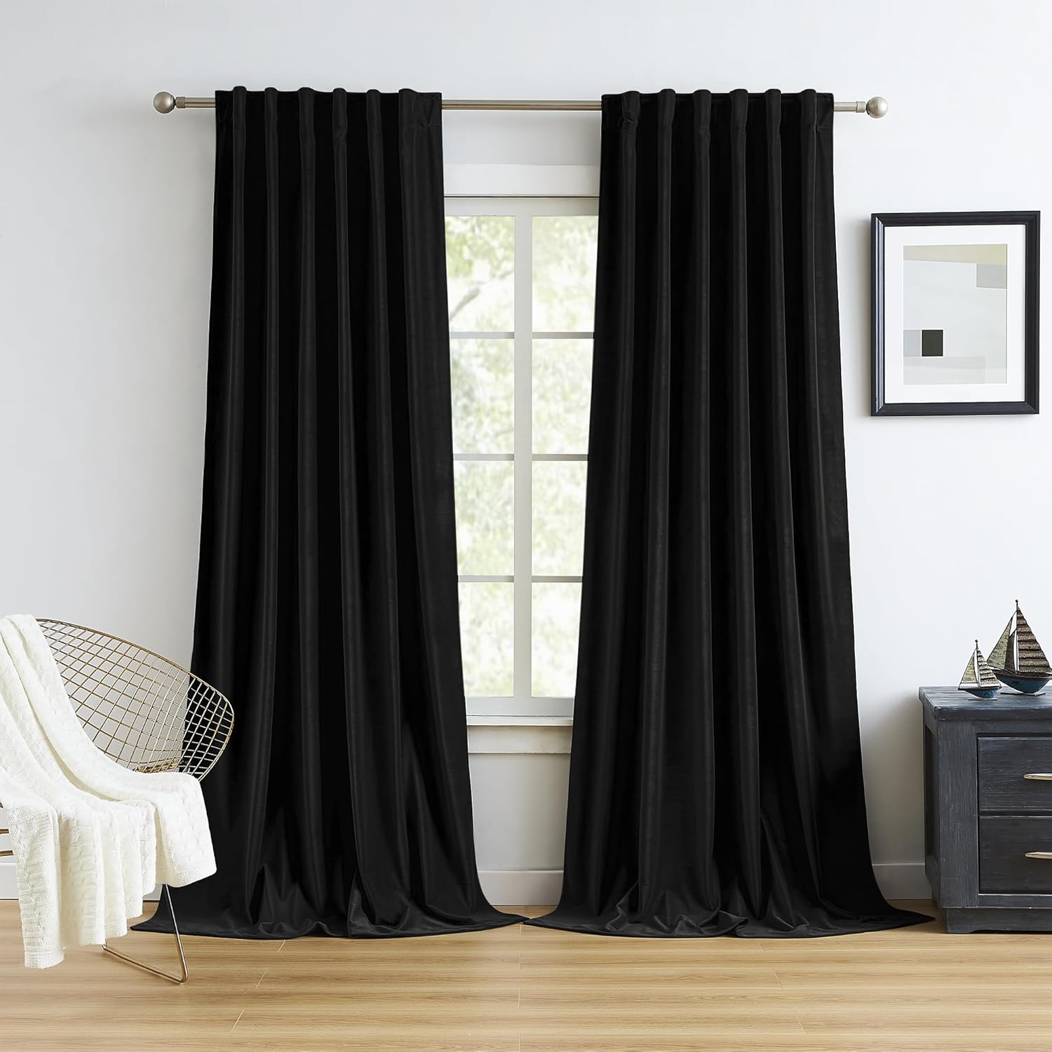 MUMFAS Cortinas opacas de terciopelo de 90 pulgadas para dormitorio, oficina, bolsillo trasero con pestaña trasera, bloqueo de calor, cortinas para