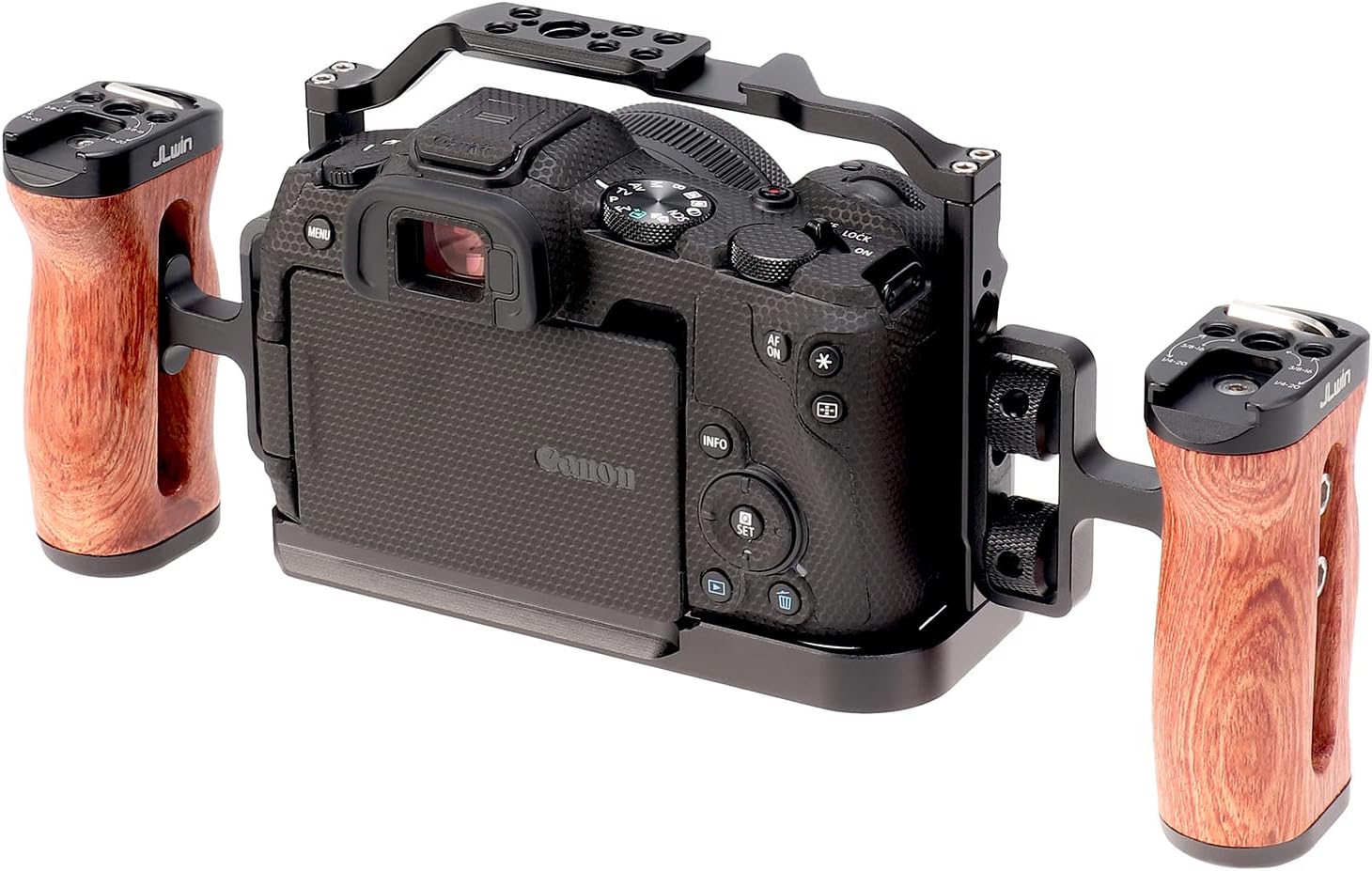 Foto4easy R8 jaula para cámara Canon R8 con placa de liberación rápida para Arca-Swiss, incluye mango de madera lateral universal doble