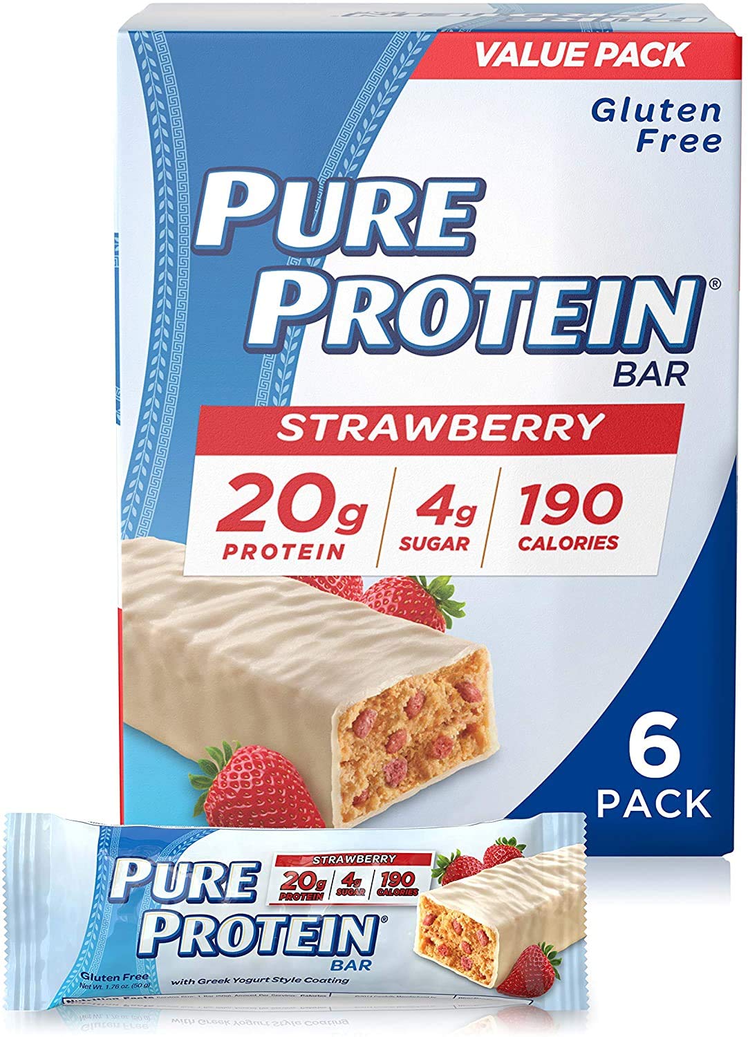 Pure Protein Barritas, bocadillos nutritivos ricos en proteínas para apoyar la energía, bajo en azúcar, sin gluten, yogur griego de fresa, 1.76