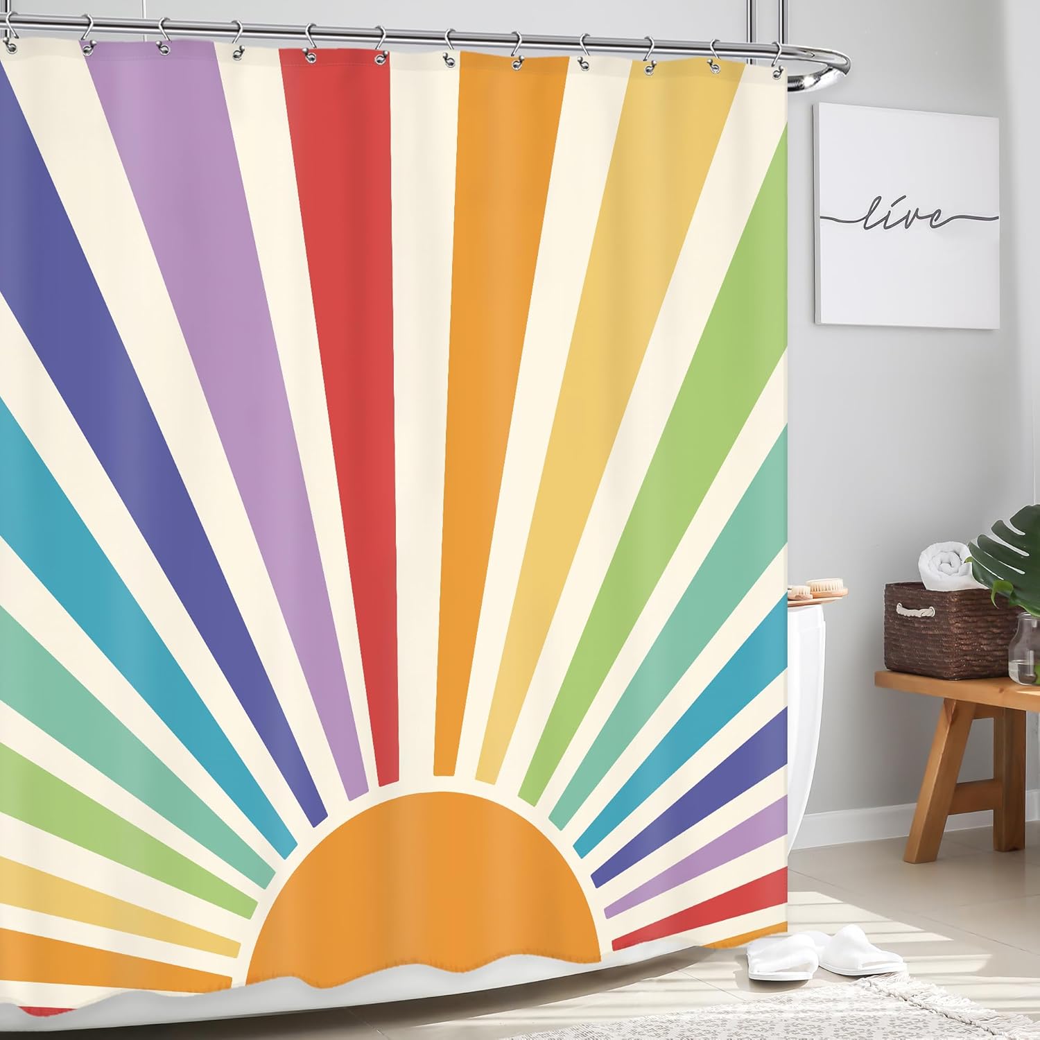 Cortina de ducha boho de los años 70, 72 pulgadas de ancho x 72 pulgadas de alto, retro, abstracta, arco iris, puesta de sol, puesta de sol, linda