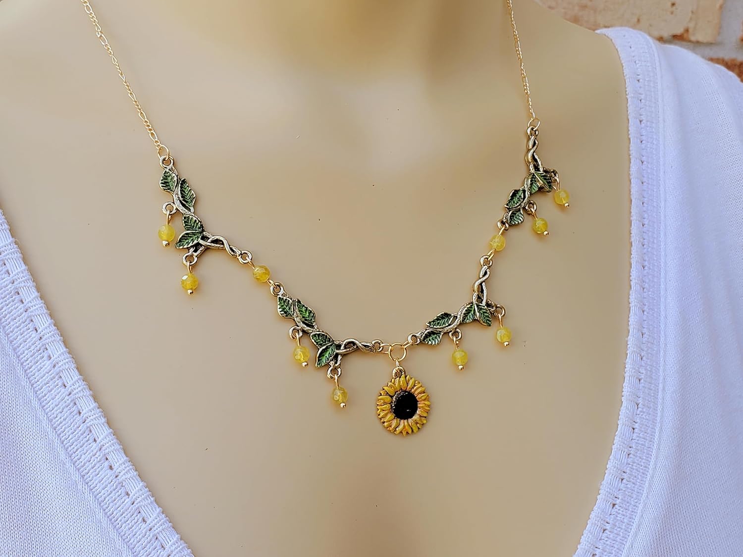 Green Leaf and Sunflower Necklace wAgate Bead Dangle – Hand Painted Sunny, Golden Yellow Flower and Leafy Green Necklace – Nature Colors Jewelry