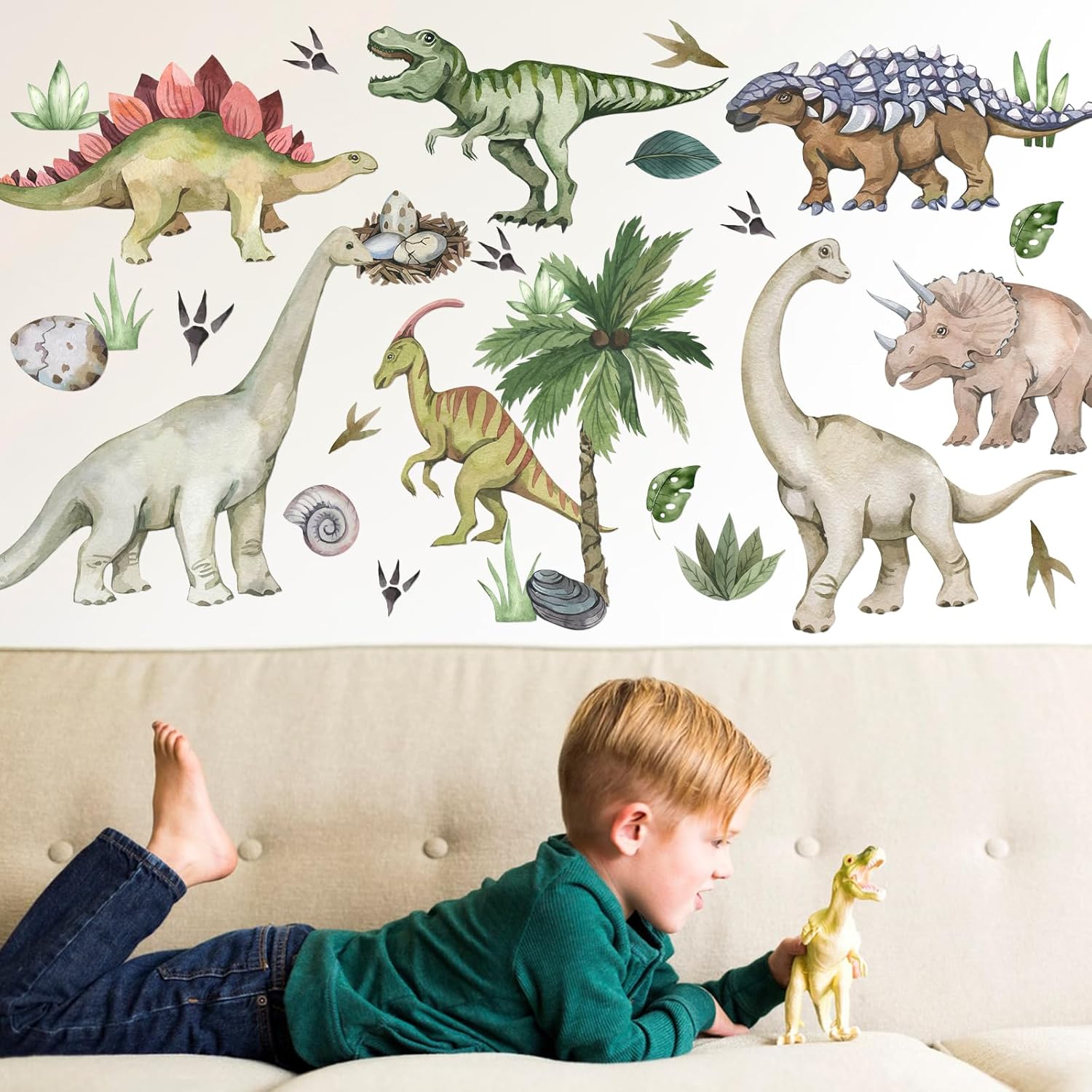 Calcomanías de pared de dinosaurio de acuarela, removibles, grandes, para despegar y pegar, calcomanías de plantas tropicales de cactus decoración