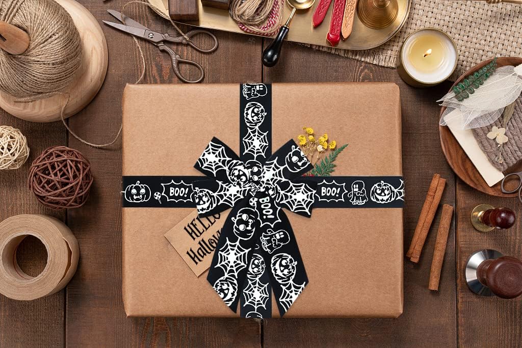 4 rollos de cintas de satén de Halloween para envolver regalos, cintas de Halloween naranja y negro para decoración de fiestas de bricolaje, 0.9