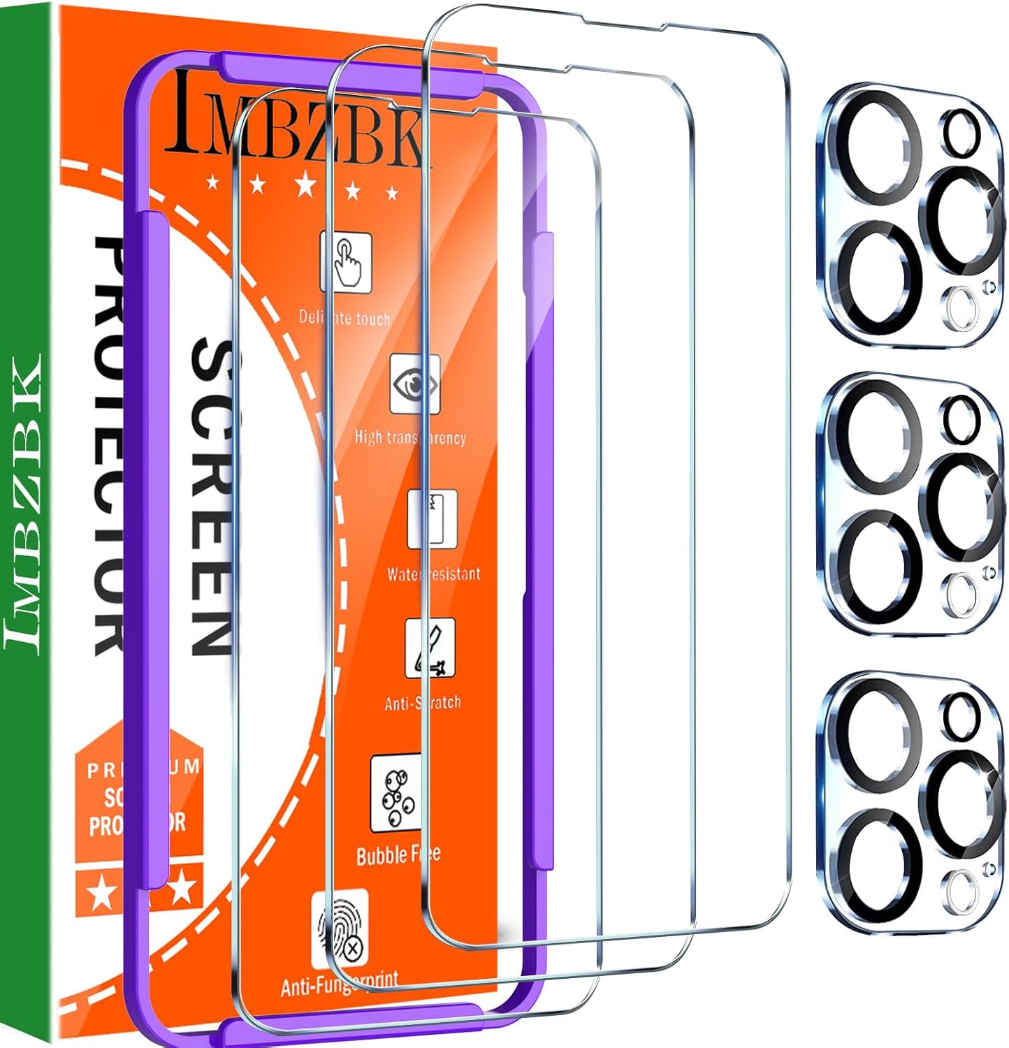 IMBZBK Paquete de 3 protectores de pantalla para iPhone 14 Pro de vidrio templado con 3 protectores de lente de cámara, accesorios 9H antiarañazos