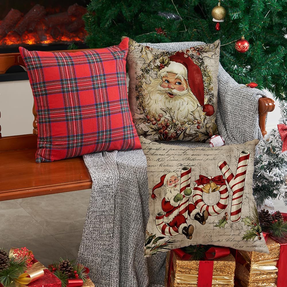 DFXSZ Juego de 4 fundas de almohada de Navidad de 20 x 20 pulgadas, diseño de reno, muñeco de nieve de Papá Noel, diseño vintage, decoración retro