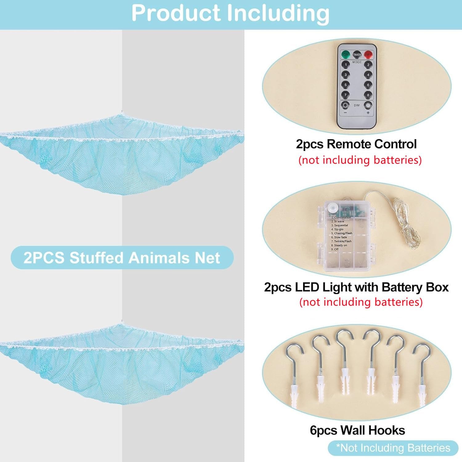 Basumee Red de animales de peluche o hamaca con luz LED, hamaca de red de juguetes para almacenamiento de animales de peluche, hamacas para