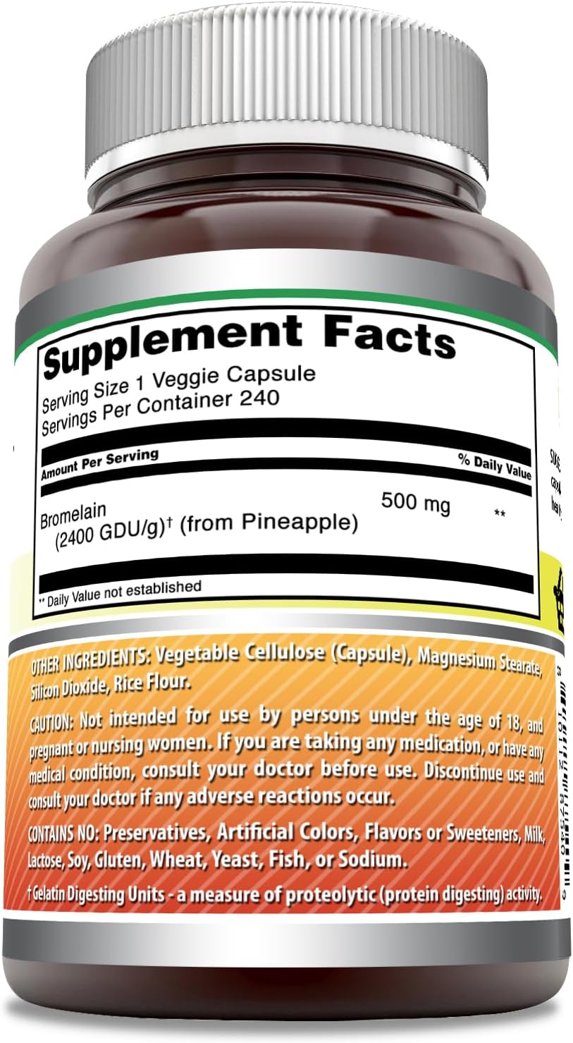 Amazing Formulas Bromelain 500mg 2400 GDU, cápsulas vegetarianas  Sin OMG  Sin gluten  Fabricado en Estados Unidos  Ideal para vegetarianos (240