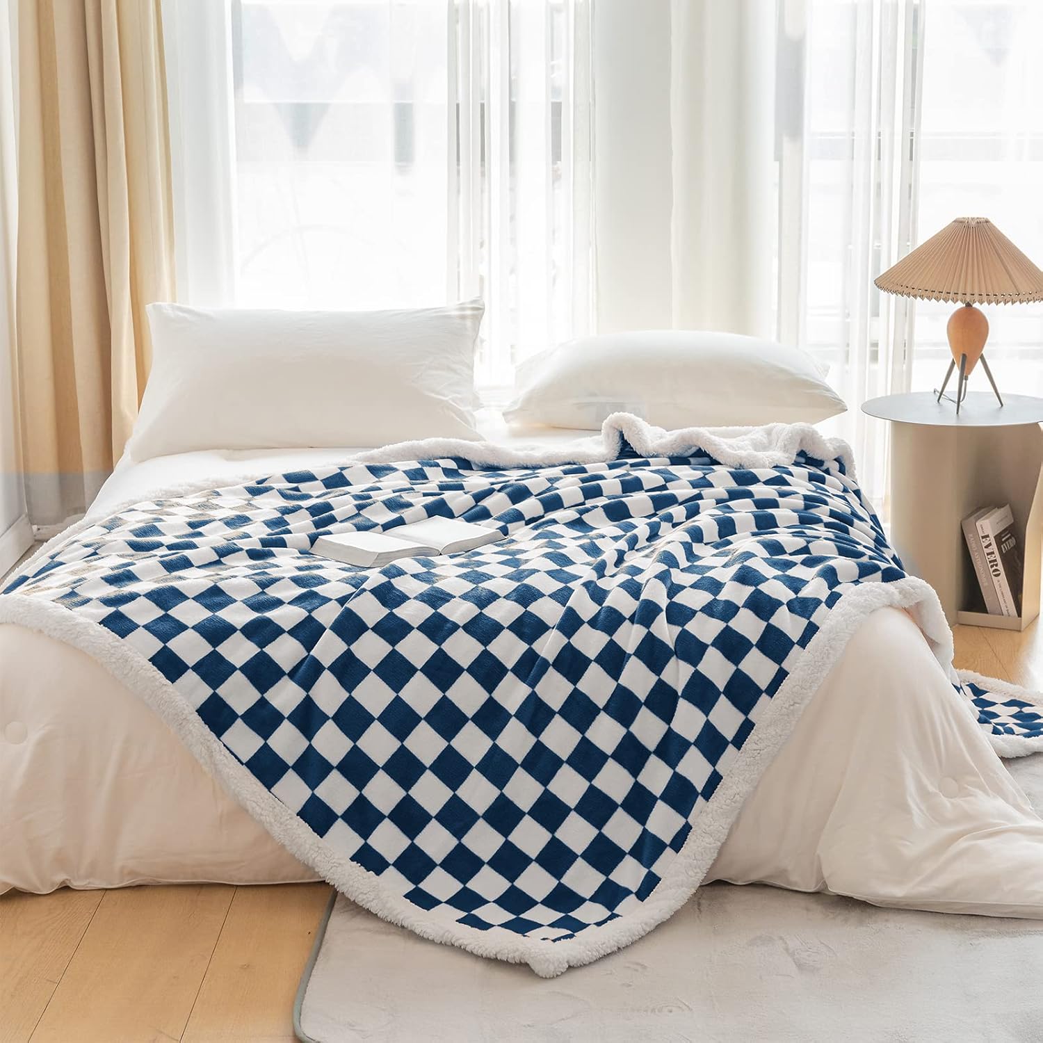 LOMAO Manta Sherpa de vellón con patrón a cuadros, suave, gruesa manta para sofá y cama, lujosa, cálida y acogedora para todas las estaciones (azul