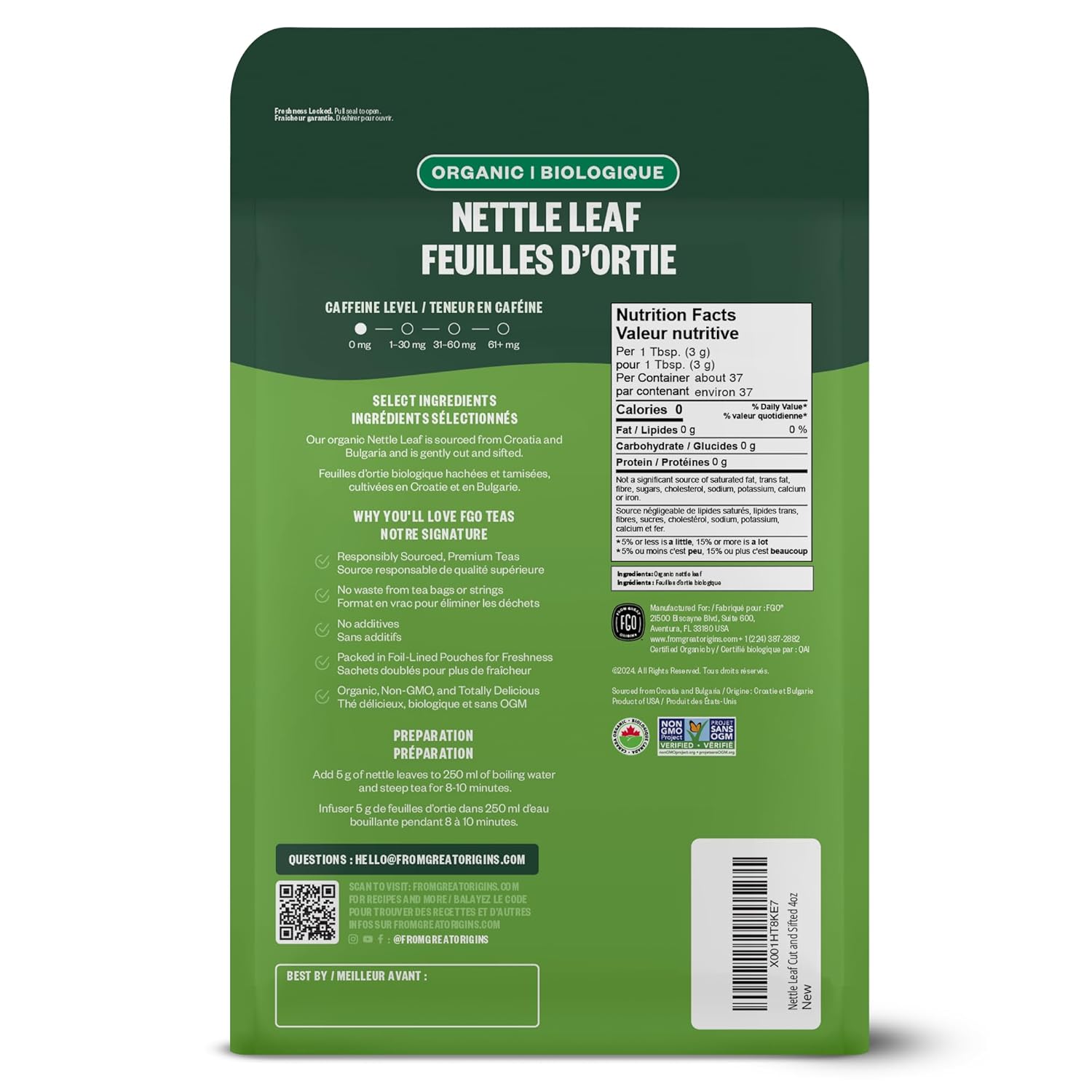 FGO Té de hojas sueltas de ortiga orgánica, bolsa de papel de estraza que se puede volver a cerrar, 4 oz, el embalaje puede variar (paquete de 1)