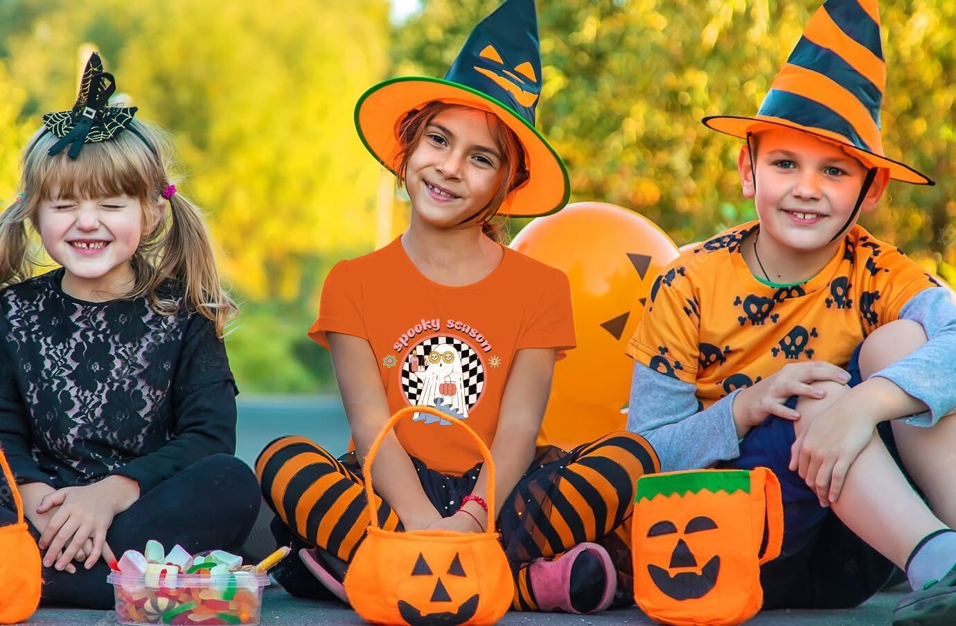 Blinket Camiseta de Halloween para niños pequeños, camisa de fantasma de calabaza negra y blanca, a cuadros, estampado naranja, manga corta,