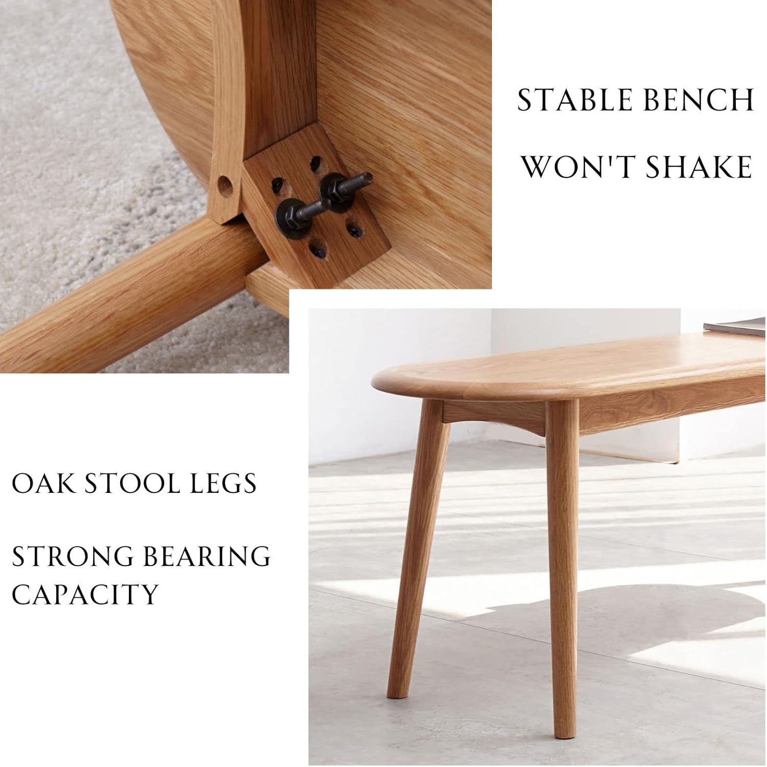 VADISUN – Banco de madera de roble 100 % macizo, diseño de superficie de silla con forma de baguette de esquina redondeada, banco de entrada, banco