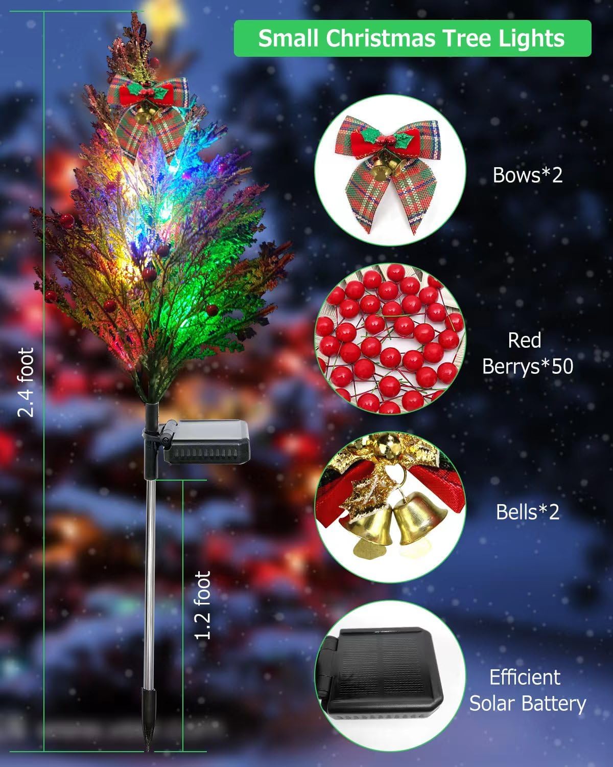 Luces solares para árbol de Navidad para decoración de jardín al aire libre, luces LED solares de camino de 2.4 pies, luces solares parpadeantes