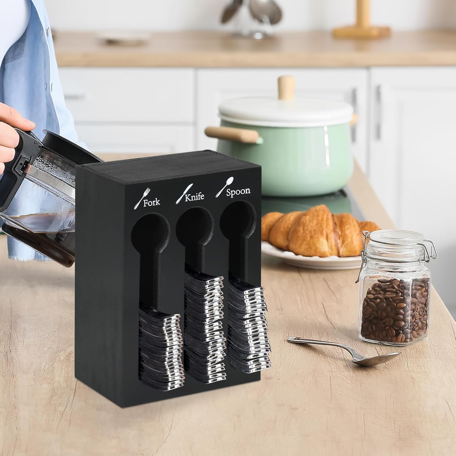 LADESIGGN Dispensador de utensilios de madera para tenedor, cuchara de cuchillo, organizador de cubiertos de 3 compartimentos para encimera, soporte