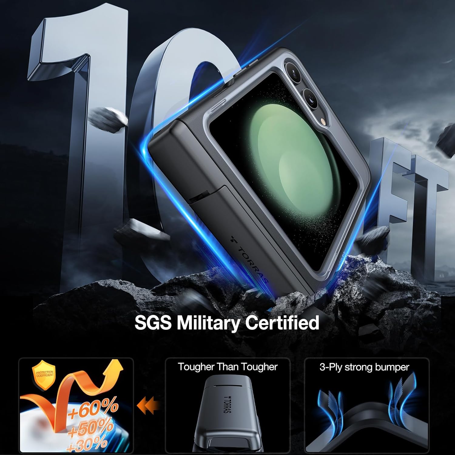 TORRAS Armor Stand – Funda para Samsung Galaxy Z Flip 5 con cubierta de bisagra y soporte integrado, protección contra caídas de grado militar,