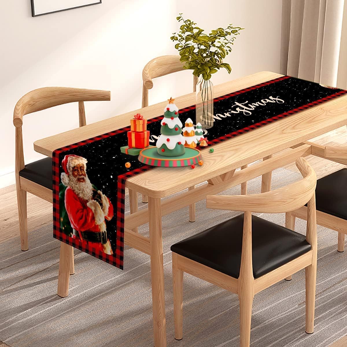 Camino de mesa de Navidad afroamericano, a cuadros, de Papá Noel, color negro, a cuadros, vacaciones, fiesta, cocina, comedor, decoración del hogar
