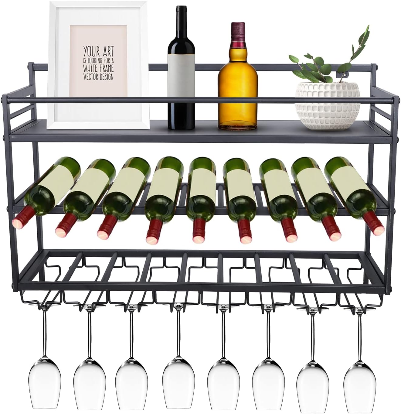 Estante de cristal para botellas de vino montado en la pared de 3 capas, estante de metal rústico para vino, estante de metal para botellas de metal