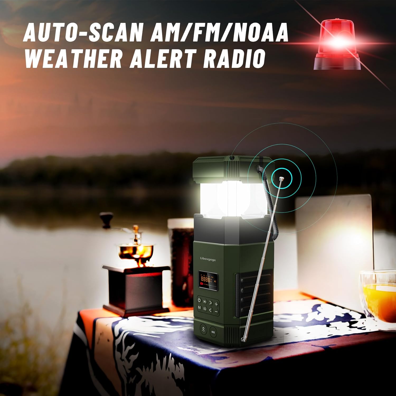 Libovgogo DF-585 – Linterna LED de emergencia para acampar, altavoz Bluetooth estéreo impermeable IPX5, radio de alerta meteorológica NOAA con