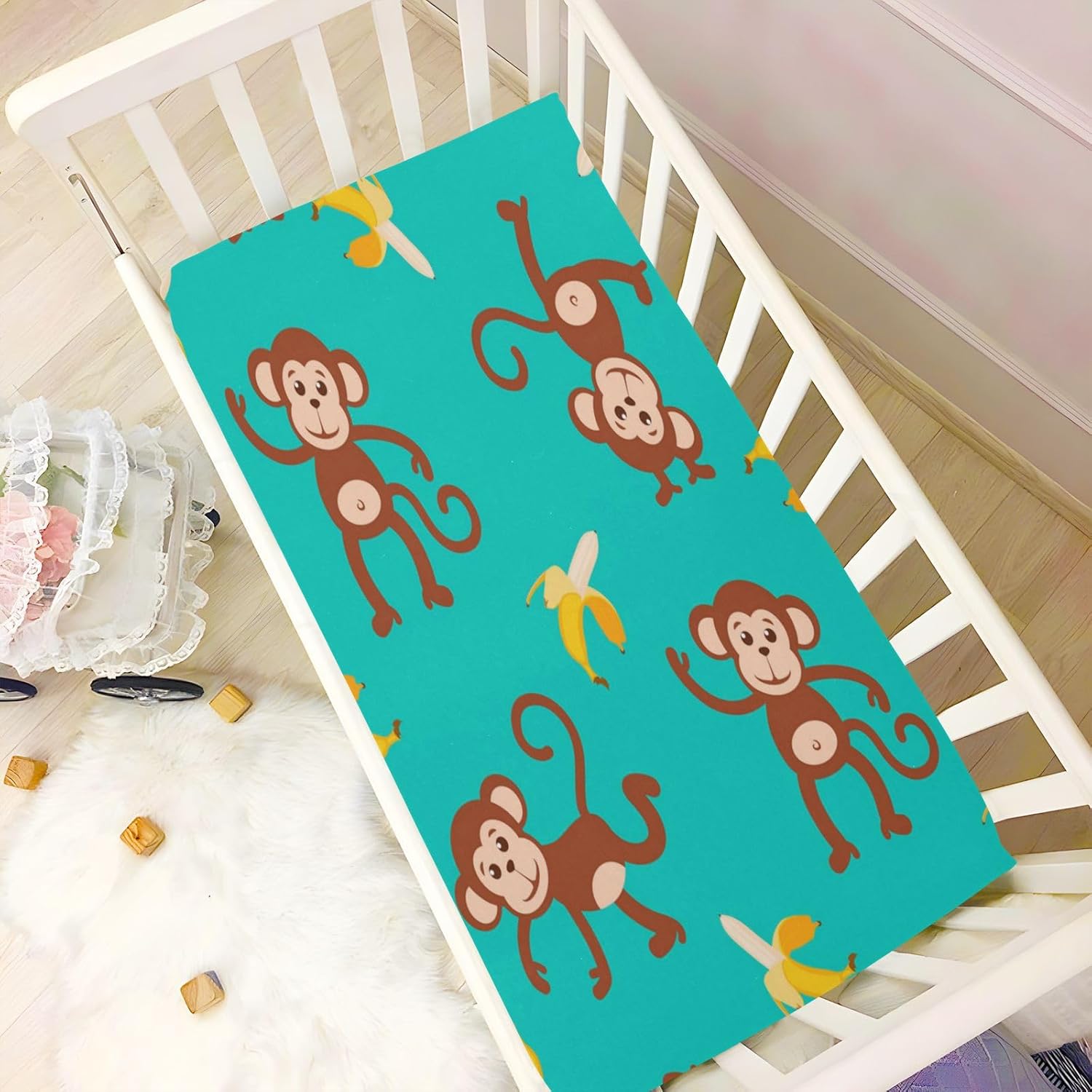 Dancing Monkeys – Sábanas de moisés para niños y niñas, diseño de plátano volador, sábanas para cunas de bebé, sábanas de juego para niños pequeños,