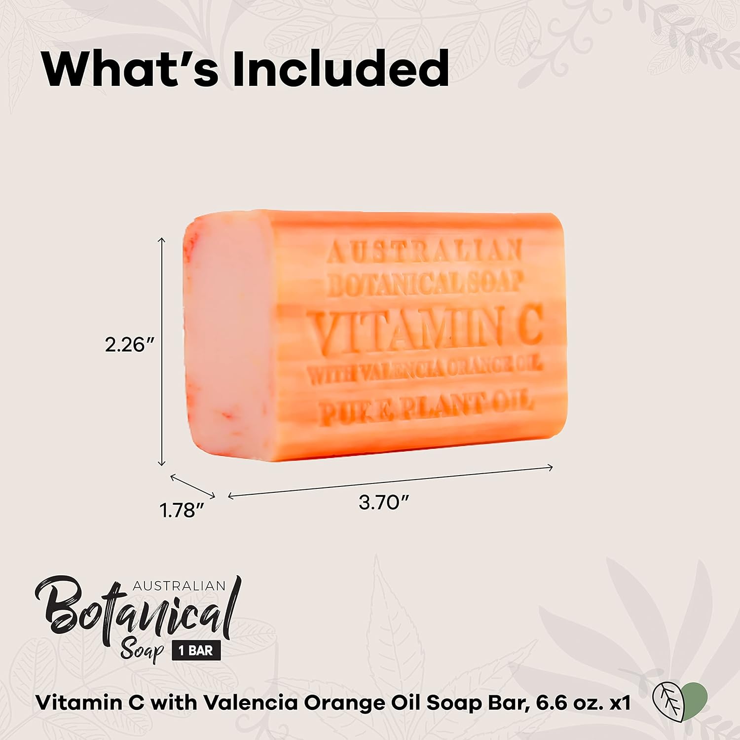 Australian Botanical Soap, Barra de jabón de vitamina C con naranja de valencia de 6.6 onzas (6.60 oz)  Jabón en barra de ingredientes naturales