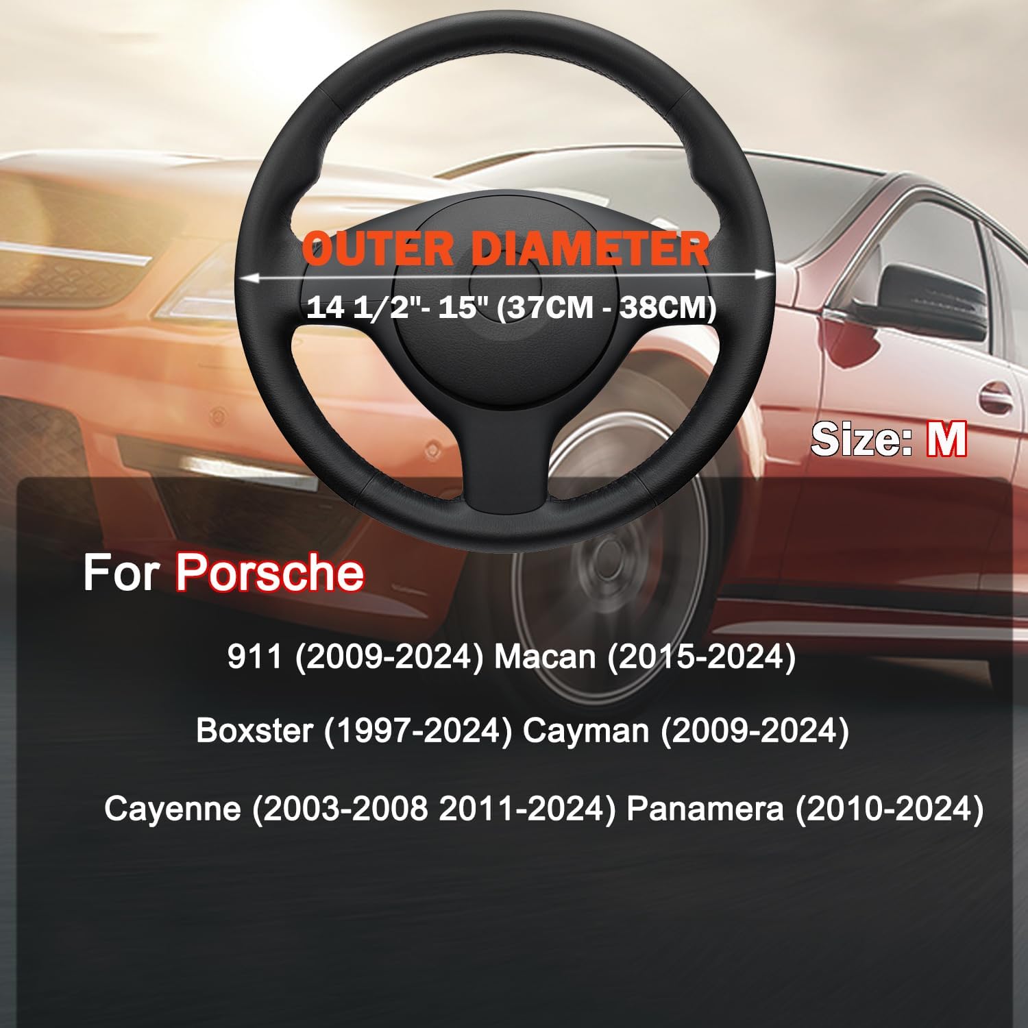 Funda para volante de automóvil para Porsche 911 Macan Cayenne Panamera Boxster Cayman Accesorios, Cuero Negro 2024 14  ”-15”