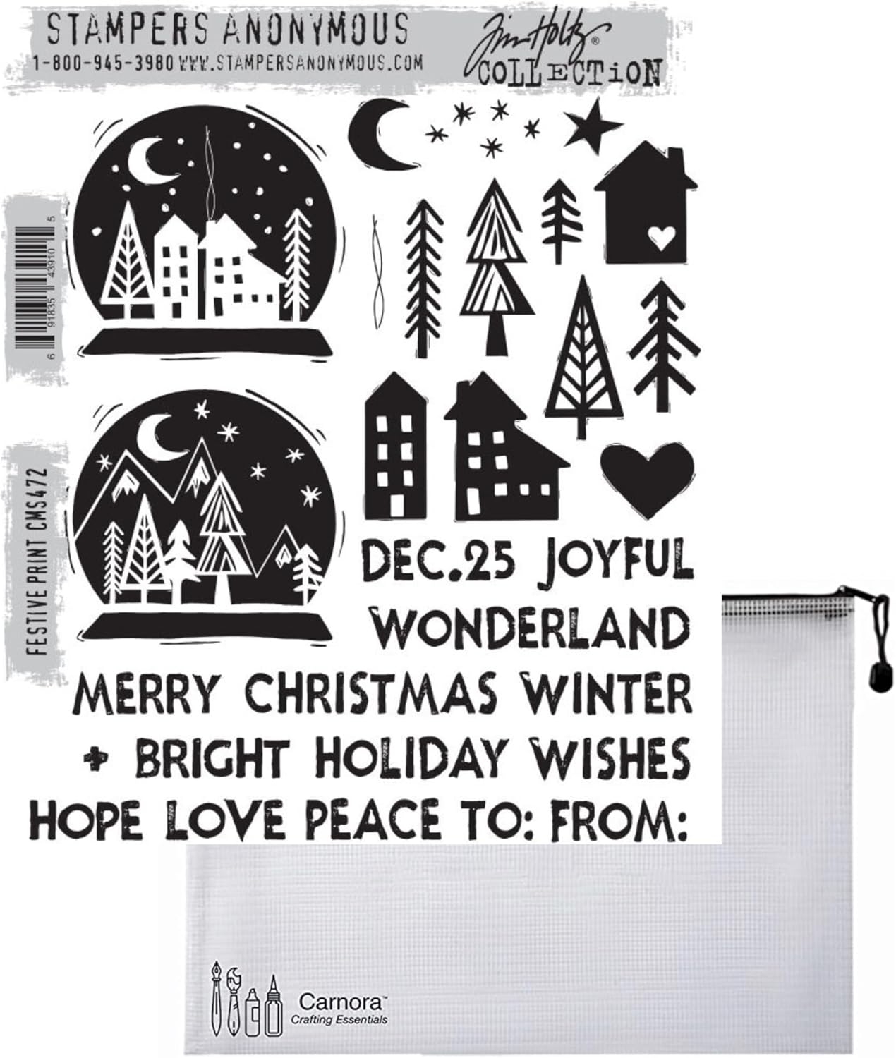 Tim Holtz Stampers Anonymous – Juego de sellos adhesivos con estampado festivo + bolsa de almacenamiento de malla Carnora, lanzamiento de septiembre