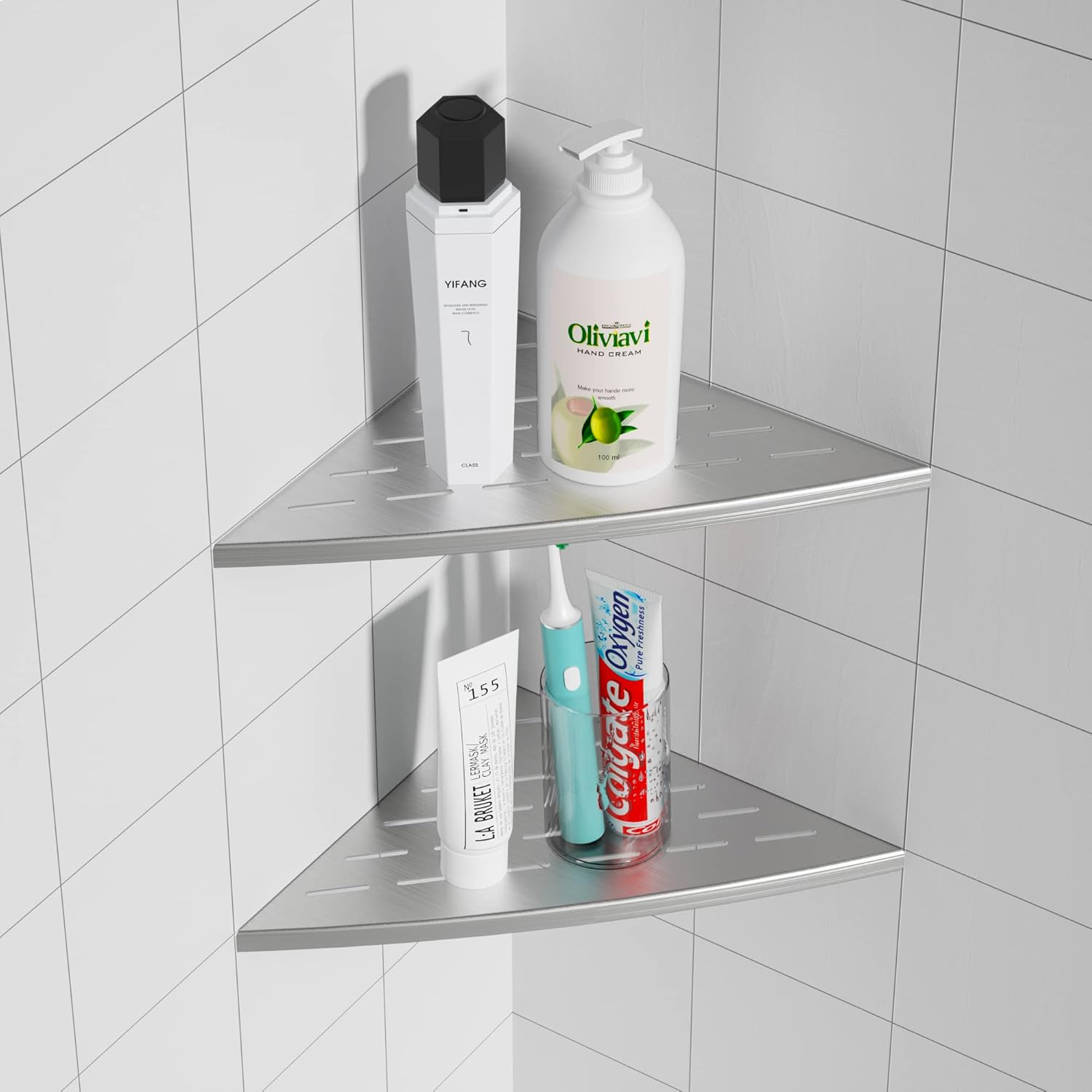 Estante esquinero de ducha de níquel cepillado, acero inoxidable 304 de 11.5 pulgadas, estante esquinero empotrado de baño para pared de azulejos,