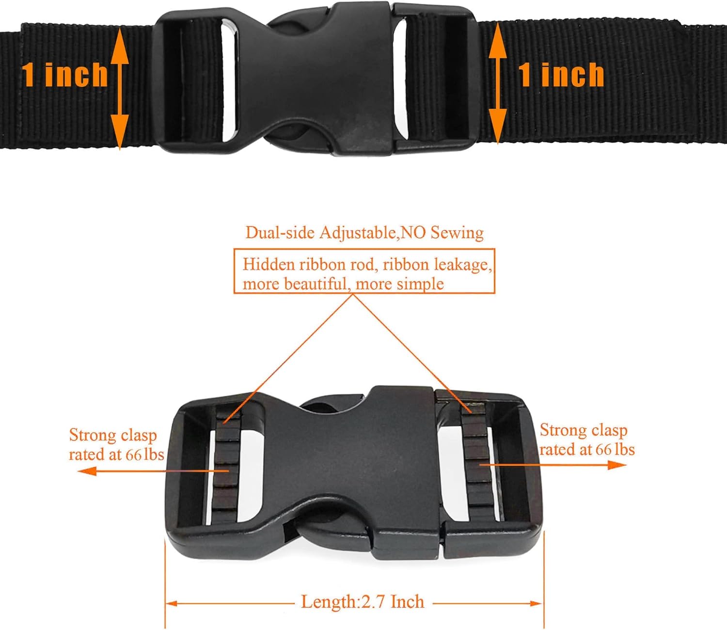 Buckles Strap 1 Inch Nylon Webbing Straps 10 Yards, Quick Side Release Plastic Buckle Dual Adjustable 8 Pack, Tri-Glide Slide Clip 16 PCS, Metal D