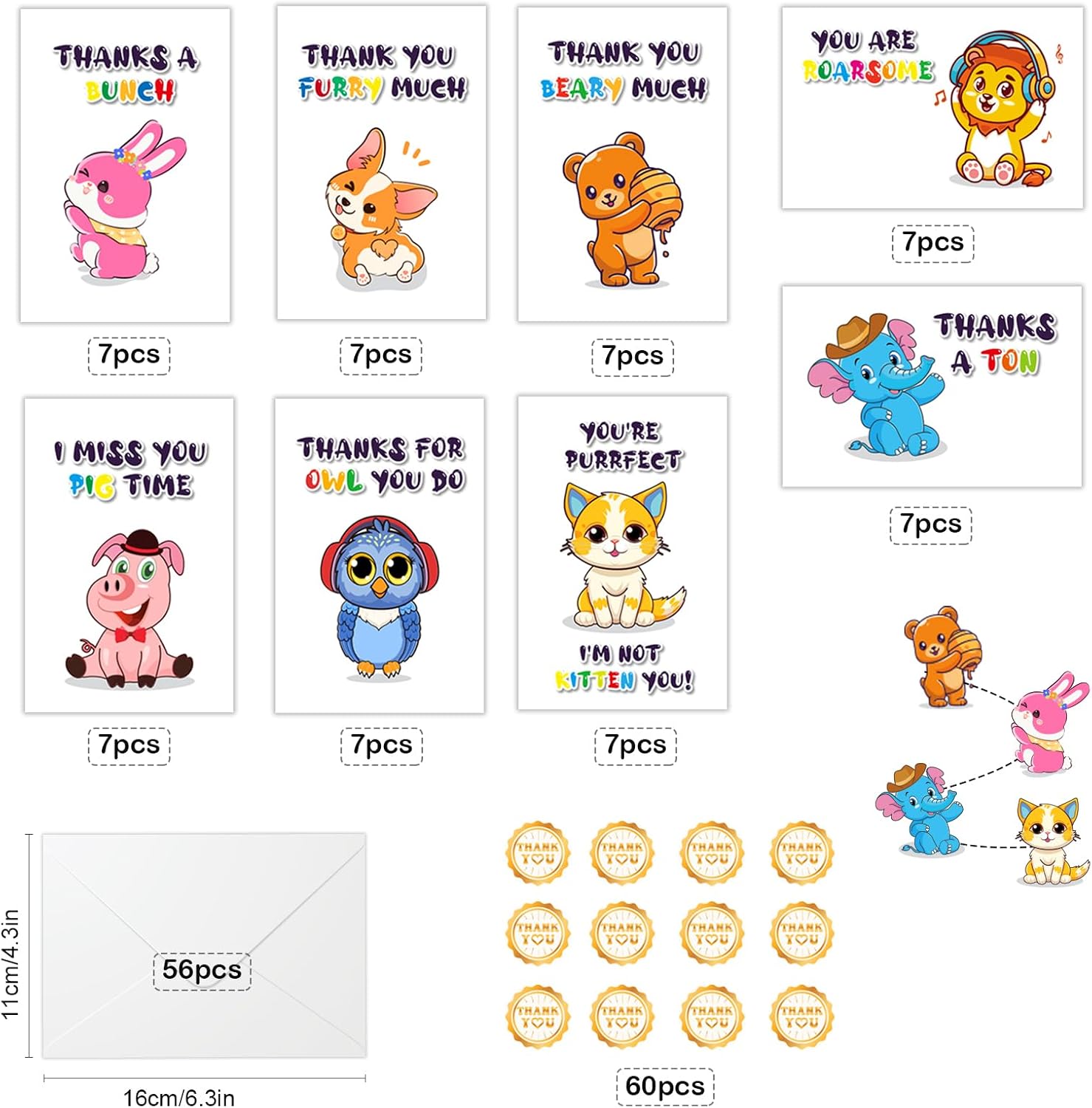 Mczan Divertidas tarjetas de agradecimiento para niños, paquete de 56 tarjetas de agradecimiento con sobres, tarjetas de agradecimiento para niños