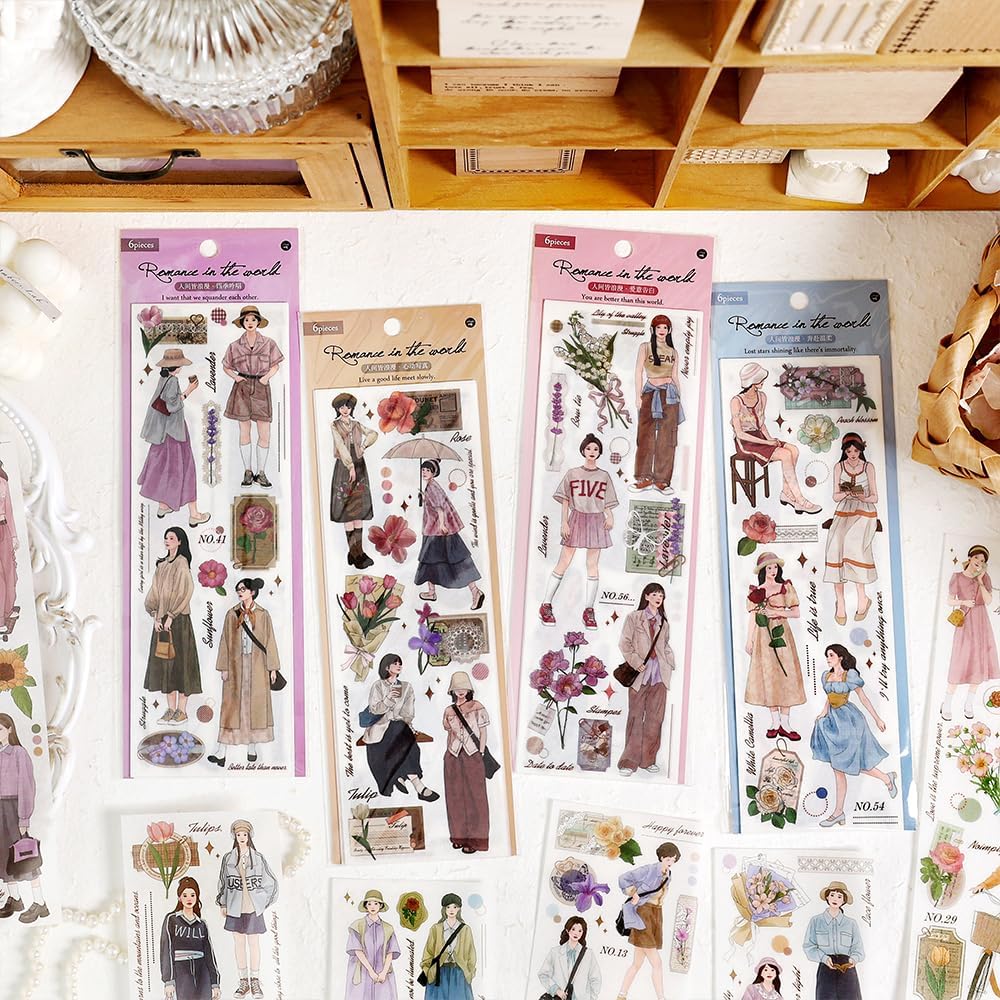 Dwpetzo Calcomanías para álbumes de recortes para diario de viñetas, 24 hojas Morandi Girls Flowers Retro Aesthetic Stickers Set de calcomanías para